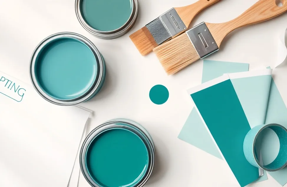 Pots de peinture, nuancier, brosses et rouleaux disposés à plat
