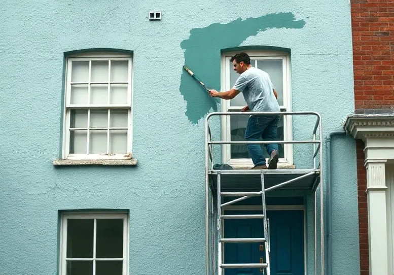 Peintre sur échafaudage traitant la façade d'une maison