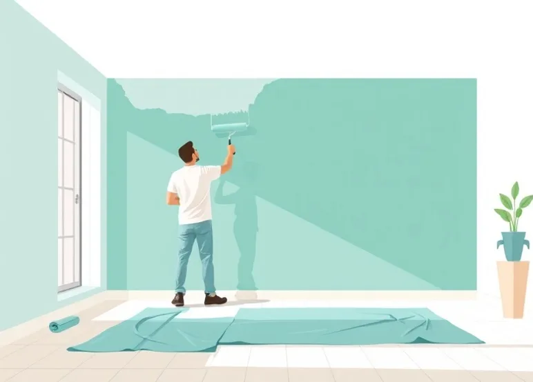 Peintre appliquant la peinture au rouleau sur un mur de salon